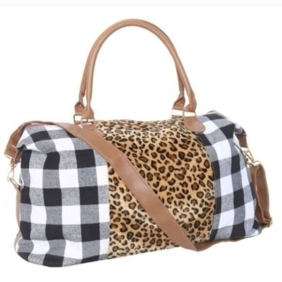 Buffalo Plaid & Leopard Print Weekender Travel Bag With Brown Faux Leather Accen - Picture 7 of 7